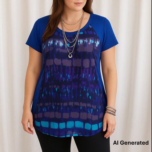 Coldwater Creek Blue Sz L/14 Blouse Abstract Print Short Sleeve Flowy Elegant - Picture 3 of 13